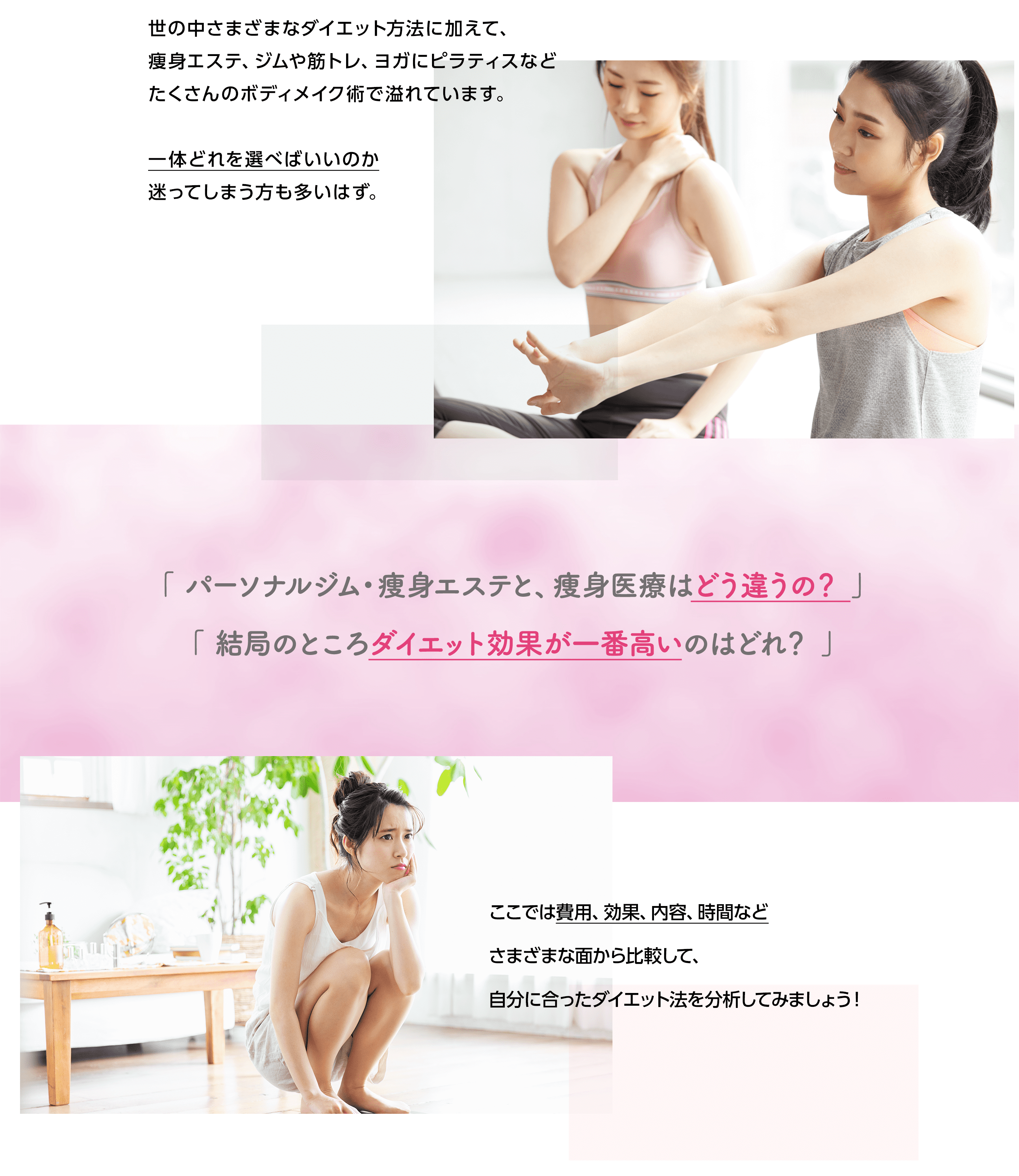 ここでは費用、効果、内容、時間などさまざまな面から比較して、自分に合ったダイエット法を分析してみましょう！